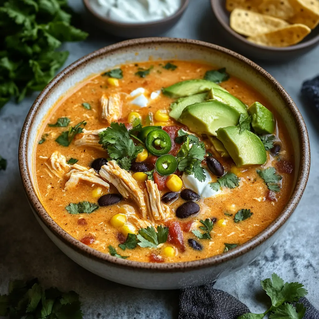 CREAMY CHICKEN ENCHILADA SOUP centered hero view, clean and uncluttered