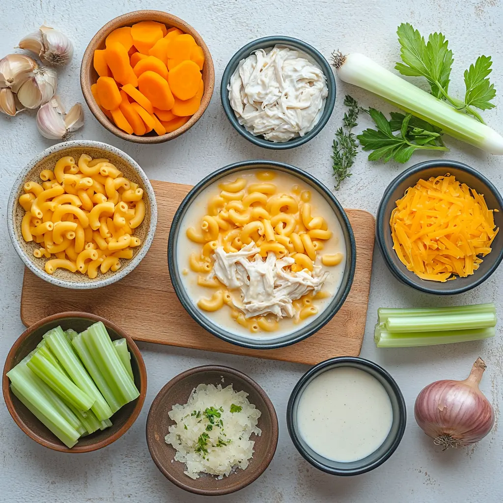 How to Make Creamy Chicken Macaroni Cheese Soup 3 Creamy chicken macaroni cheese soup ingredients neatly arranged on a clean surface