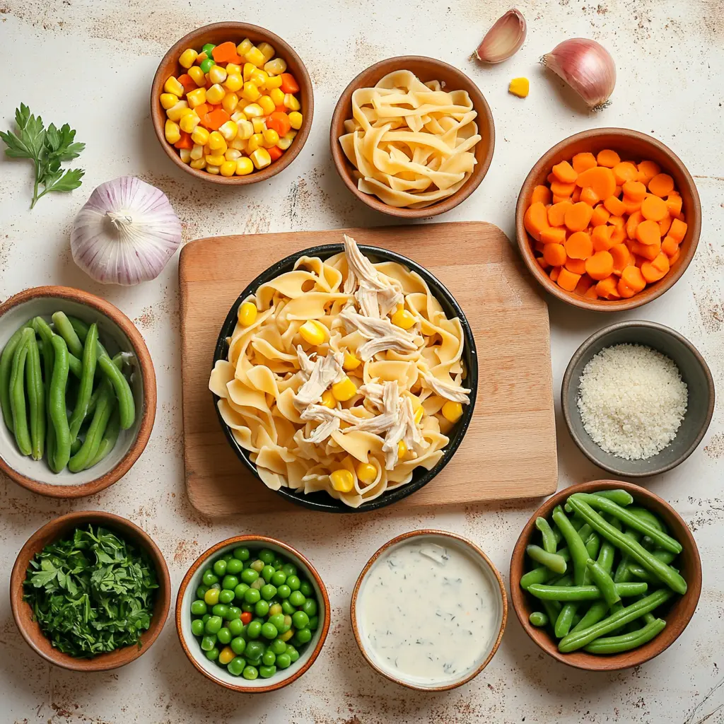 Creamy Chicken Pot Pie Pasta ingredients laid out neatly, clean and uncluttered