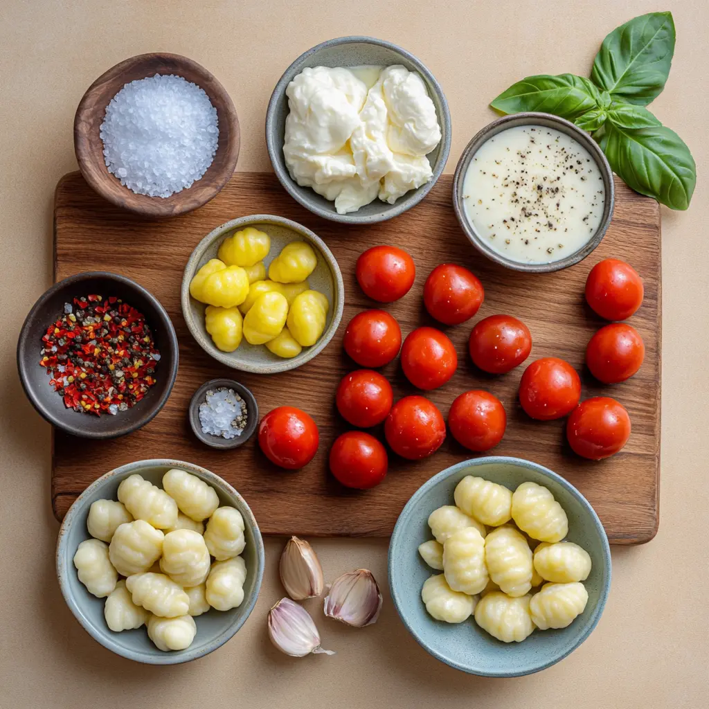 CREAMY TOMATO GNOCCHI WITH BURRATA centered hero view, clean and uncluttered