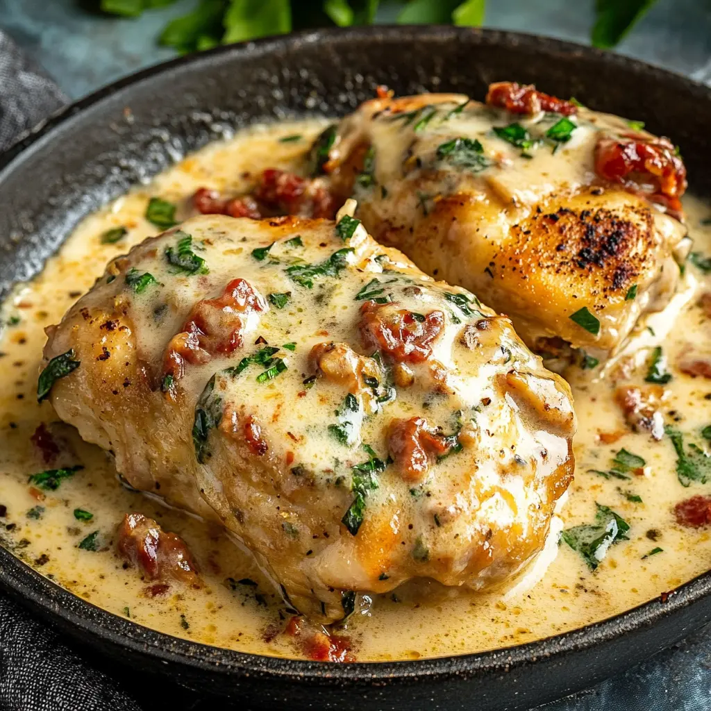 CREAMY TUSCAN GARLIC CHICKEN centered hero view, clean and uncluttered