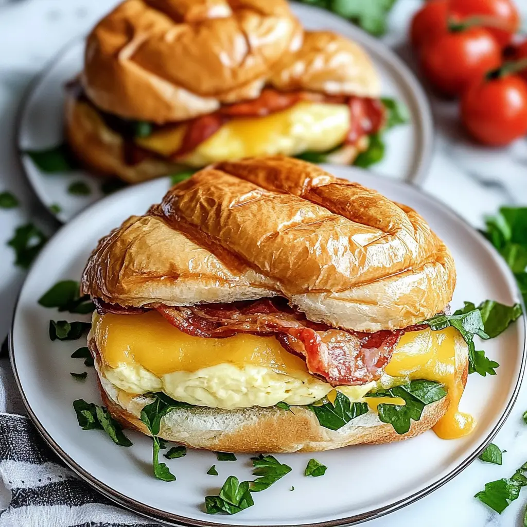 CROISSANT BREAKFAST SANDWICHES centered hero view, clean and uncluttered