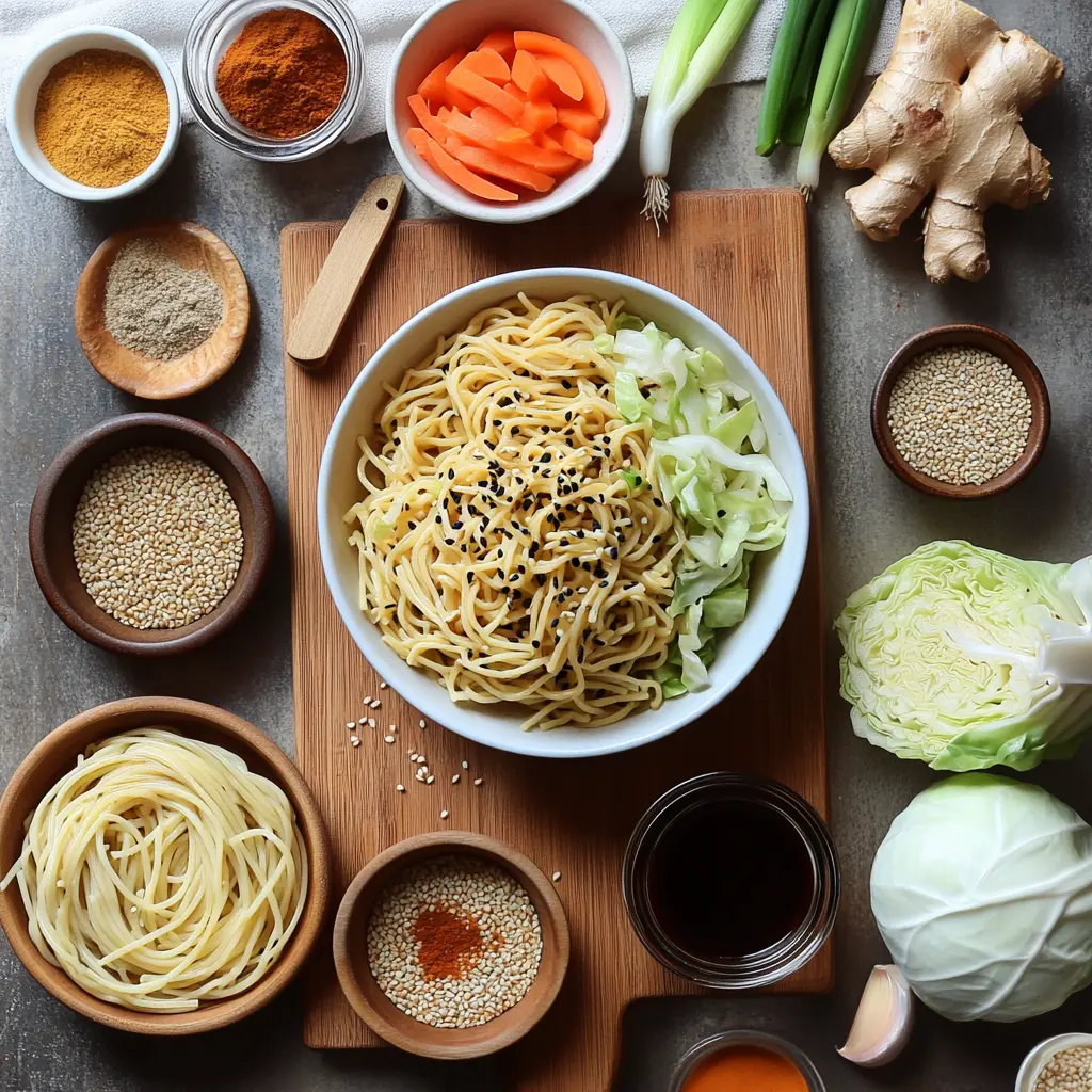 Easy One Pot Teriyaki Noodles Recipe: A Must Try 3 Ingredients for Easy One Pot Teriyaki Noodles Recipe: shredded cabbage, carrots, spaghetti, soy sauce, and spices