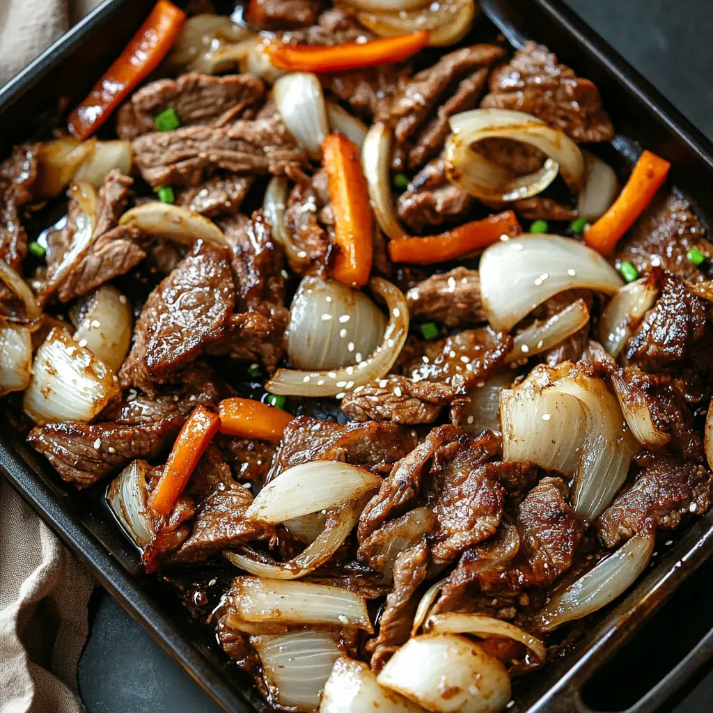 EASY SHEET PAN BEEF BULGOGI centered hero view, clean and uncluttered