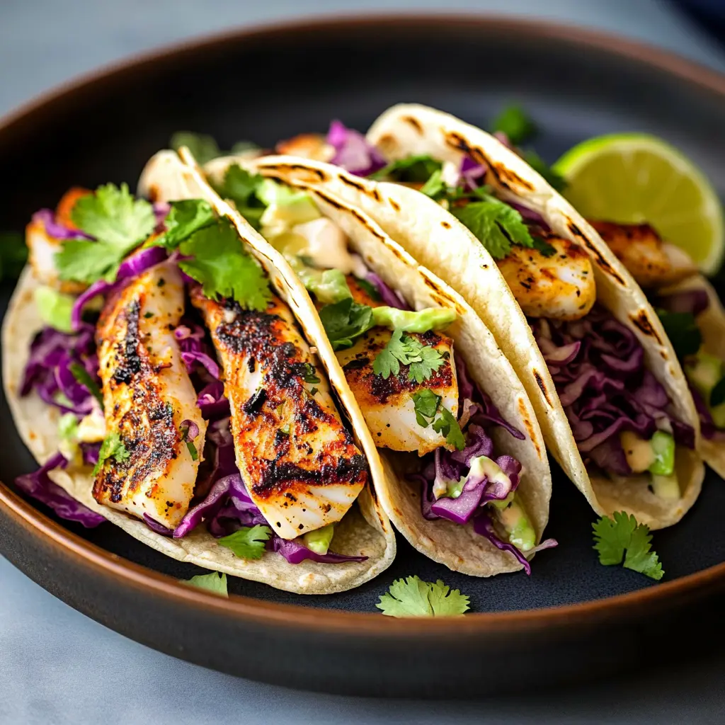 FISH TACOS WITH CILANTRO LIME CABBAGE SLAW centered hero view, clean and uncluttered