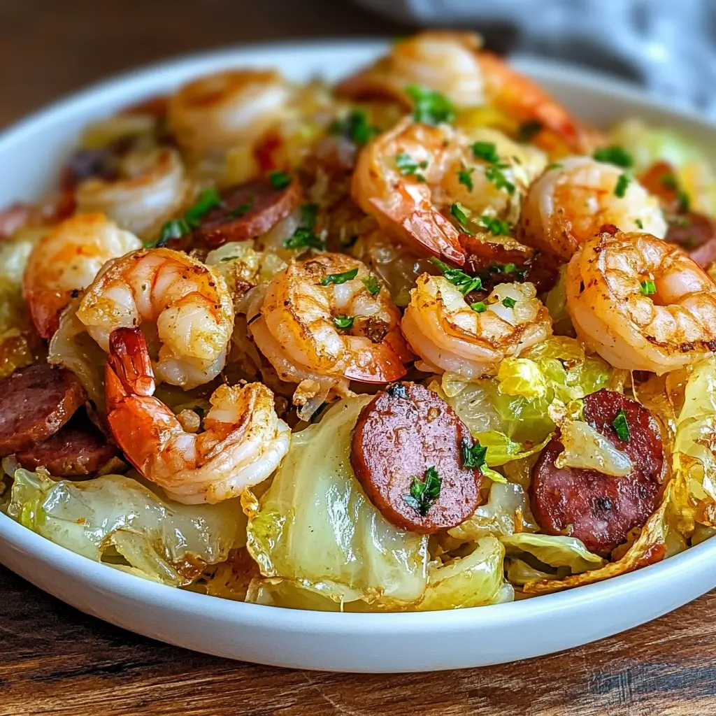 FRIED CABBAGE WITH SHRIMP AND SAUSAGE centered hero view, clean and uncluttered