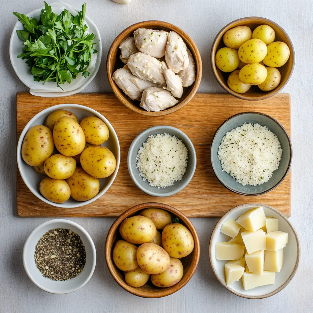GARLIC PARMESAN CROCKPOT CHICKEN AND POTATOES centered hero view, clean and uncluttered