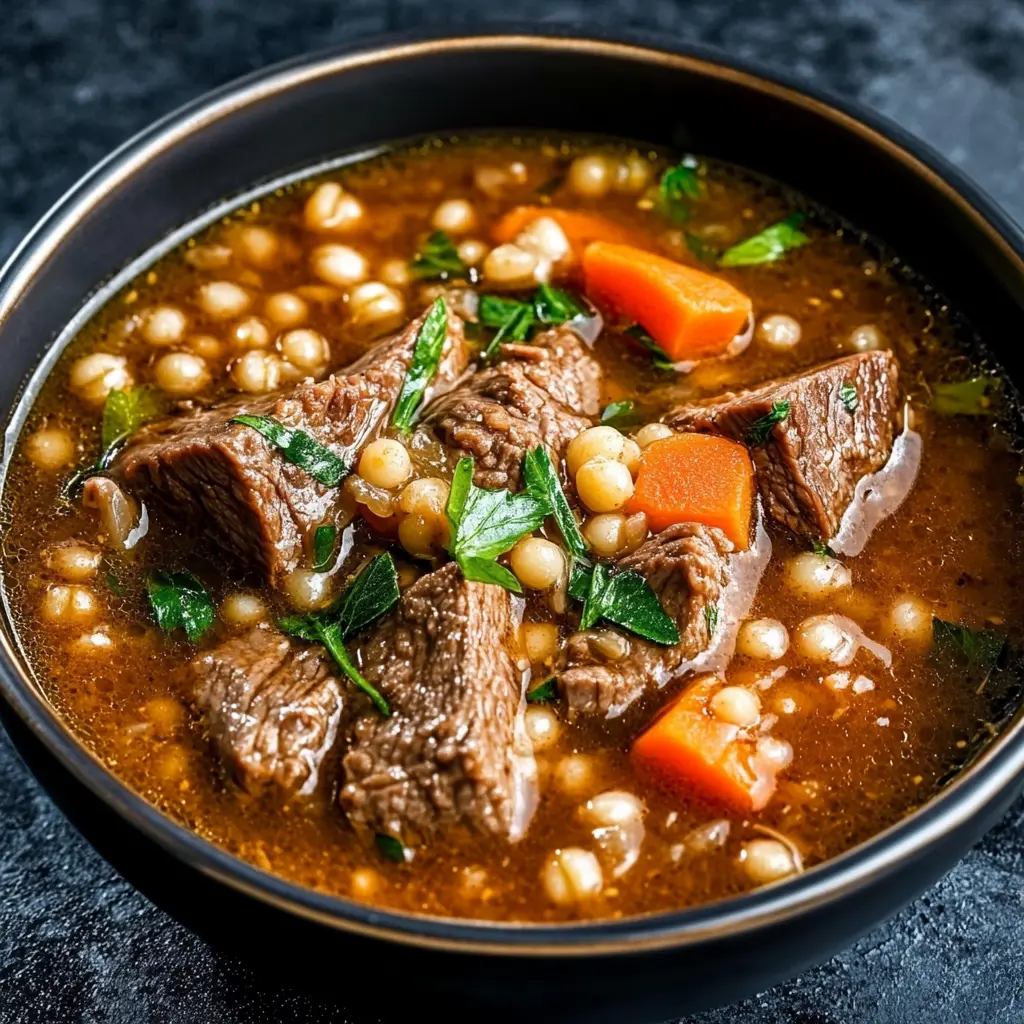 GORDON RAMSAY BEEF BARLEY SOUP centered hero view, clean and uncluttered