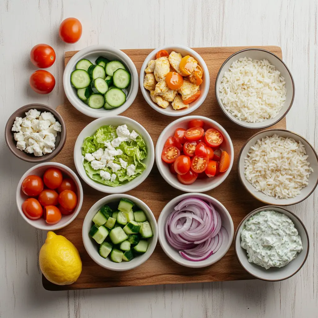 GREEK CHICKEN BOWLS centered hero view, clean and uncluttered