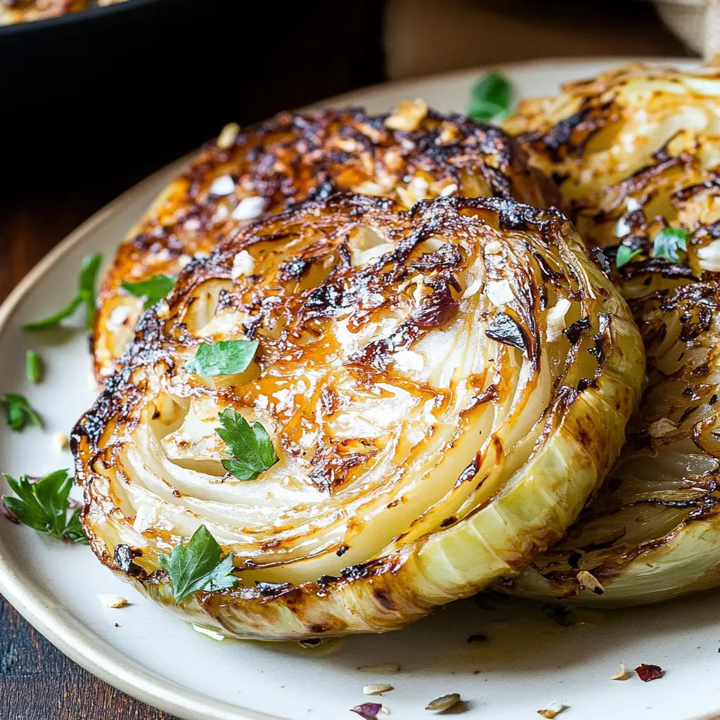 GRILLED GARLIC CABBAGE STEAKS centered hero view, clean and uncluttered