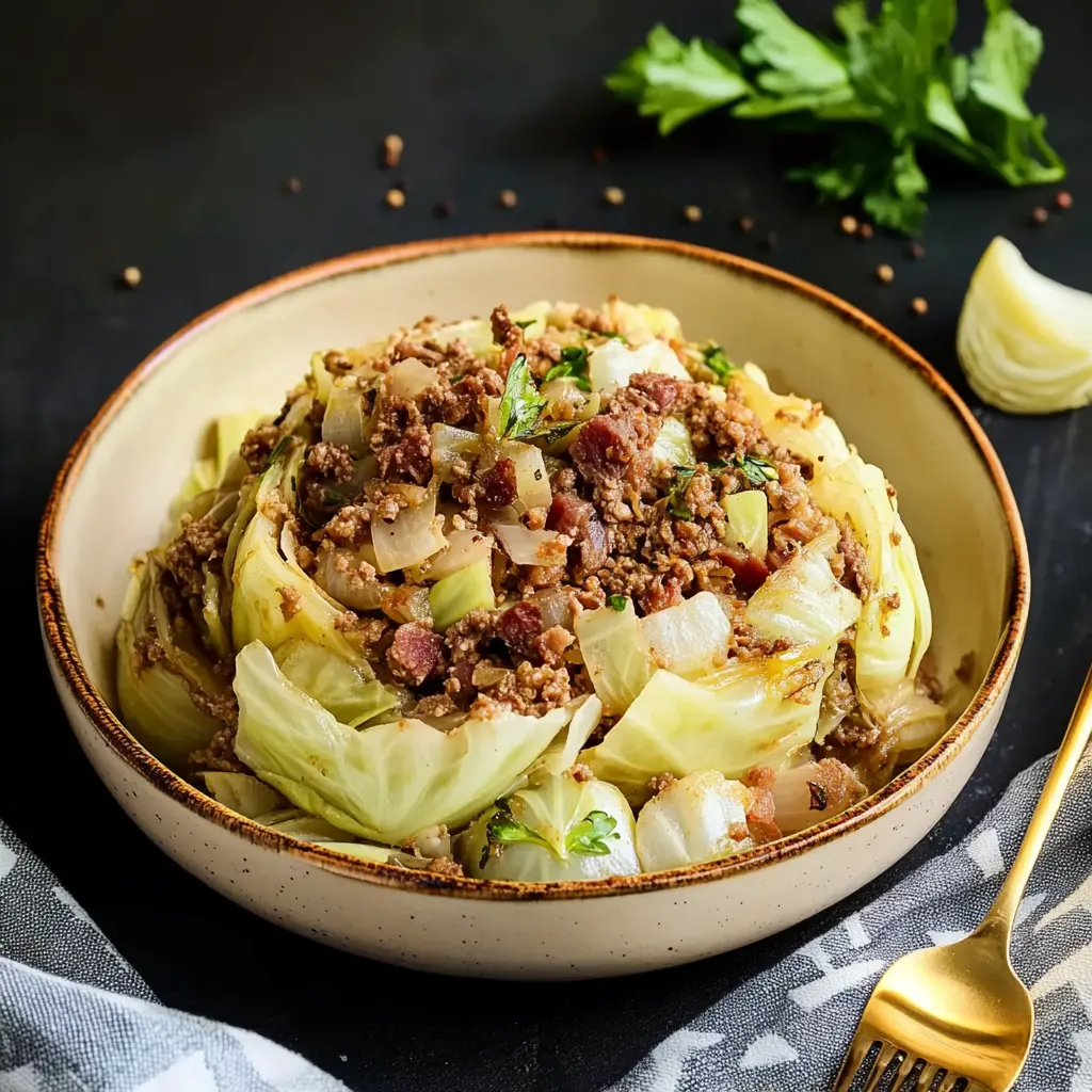 GROUND BEEF AND CABBAGE centered hero view, clean and uncluttered