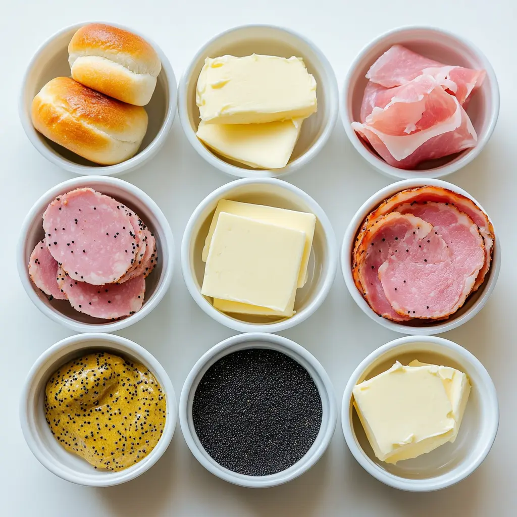 HAM AND HAVARTI CHEESE SLIDERS centered hero view, clean and uncluttered