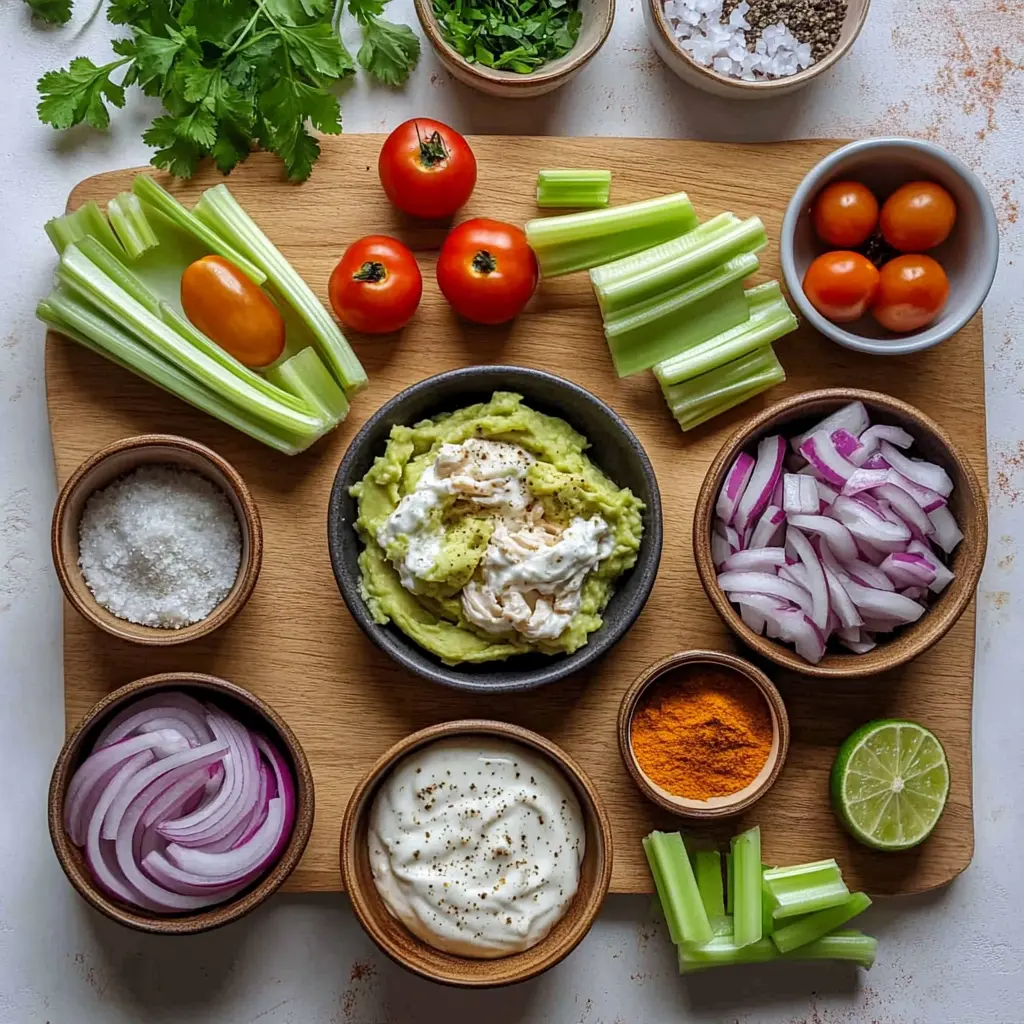 Healthy Avocado Chicken Salad centered hero view, clean and uncluttered