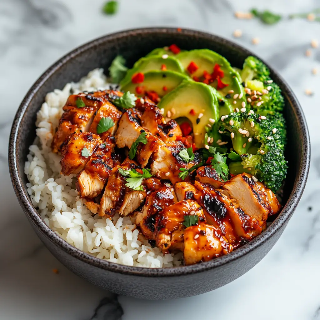 Irresistible Healthy Sticky Chicken Bowls in Minutes 3 HEALTHY STICKY CHICKEN BOWLS centered hero view, clean and uncluttered