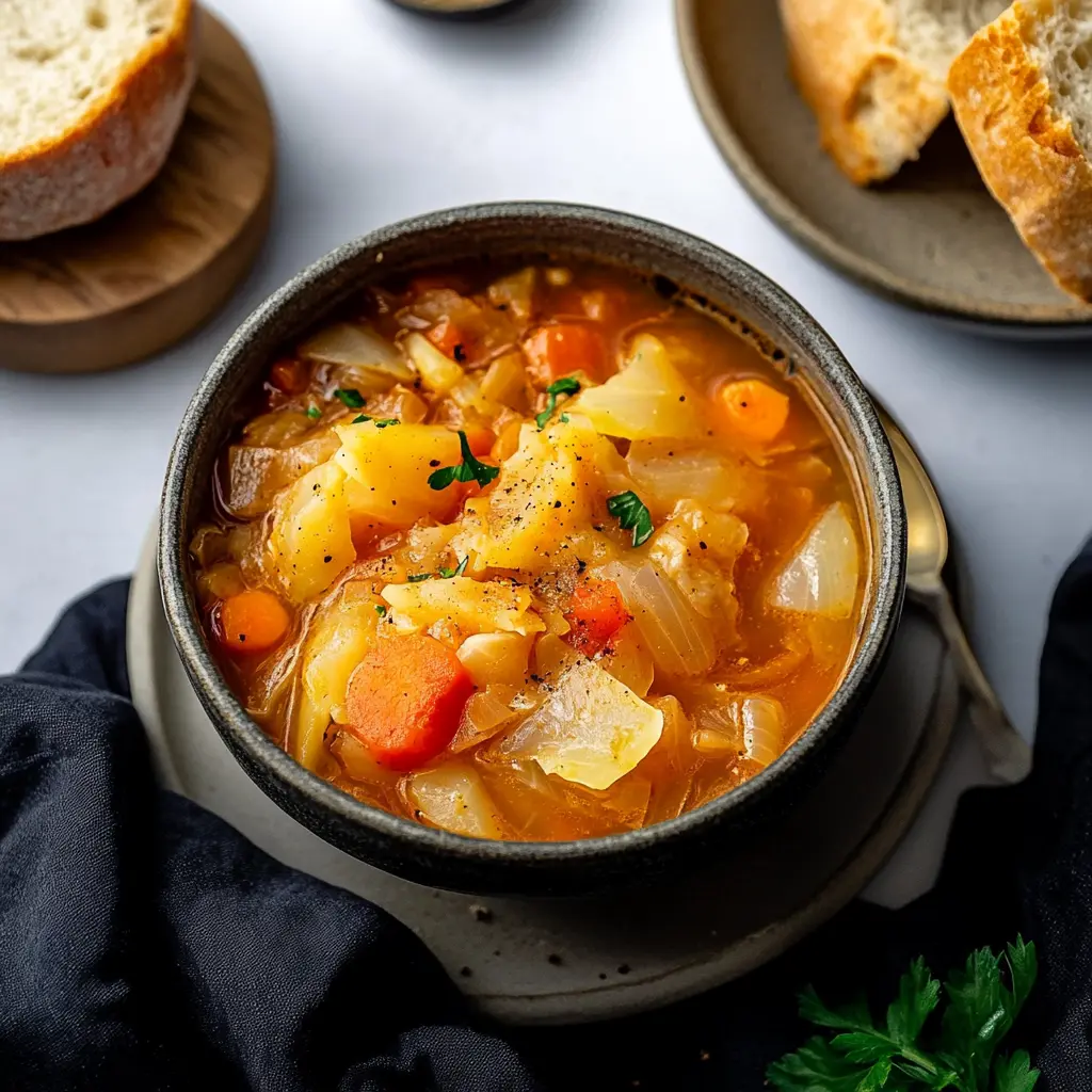 Make Hearty Cabbage Soup: Easy Delicious Comfort Food 3 HEARTY CABBAGE SOUP centered hero view, clean and uncluttered