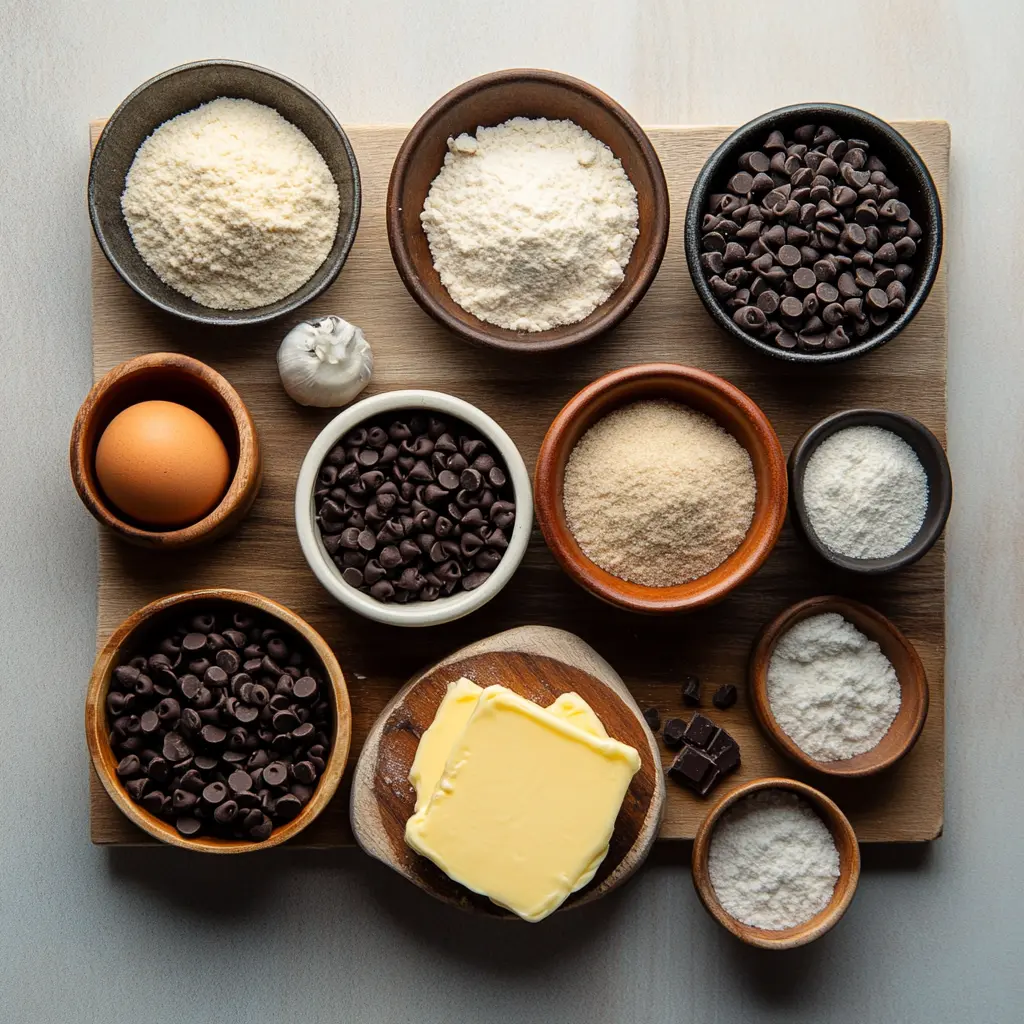 Ingredients for HOMEMADE CHOCOLATE CHIP COOKIES, centered hero view, clean and uncluttered