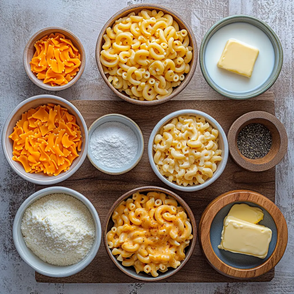Ingredients for homemade mac and cheese displayed neatly