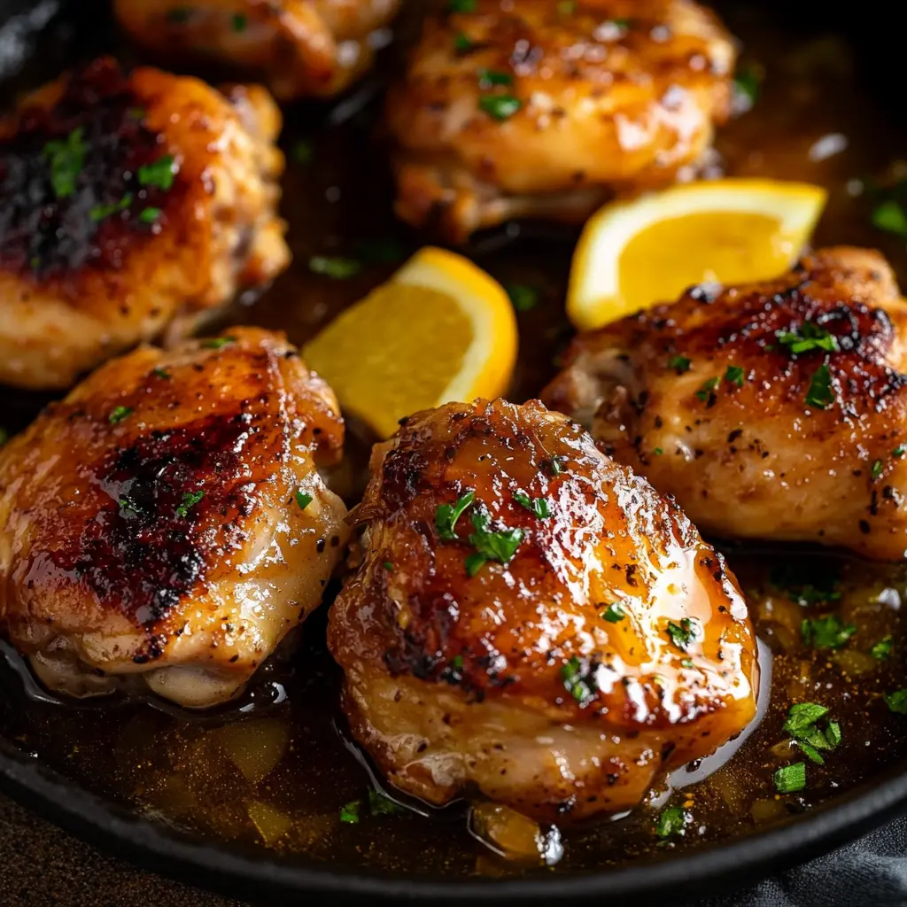 HONEY LEMON PEPPER CHICKEN THIGHS centered hero view, clean and uncluttered