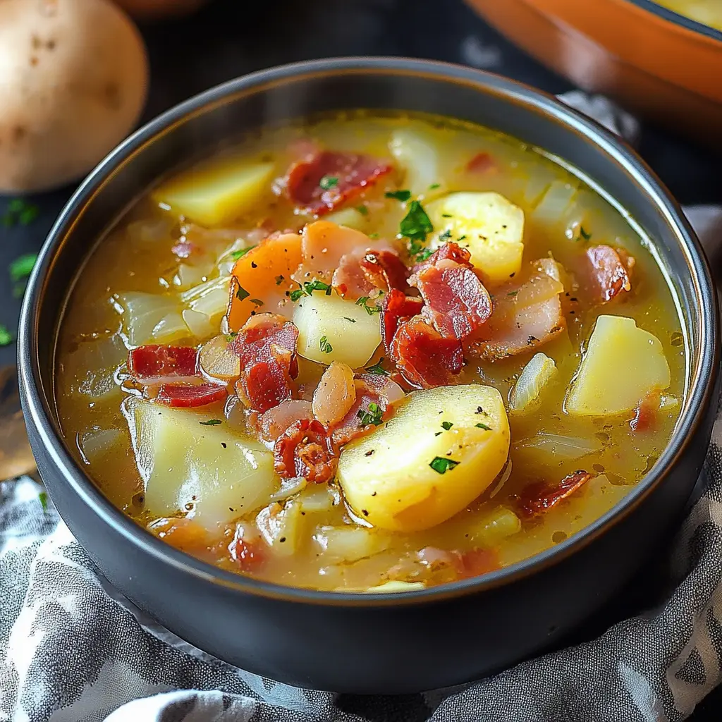 IRISH BACON CABBAGE AND POTATO SOUP centered hero view, clean and uncluttered