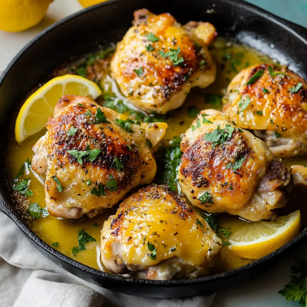 LEMON BUTTER CHICKEN THIGHS centered hero view, clean and uncluttered