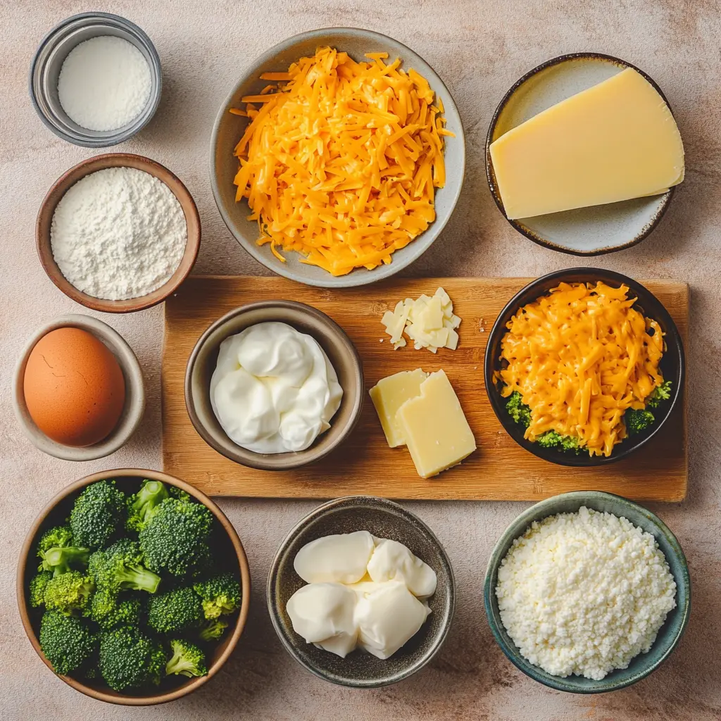 Low Carb Crispy Broccoli Cheese Rounds ingredients neatly arranged