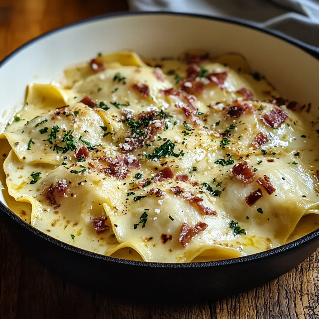 OLIVE GARDEN INSPIRED RAVIOLI CARBONARA centered hero view, clean and uncluttered