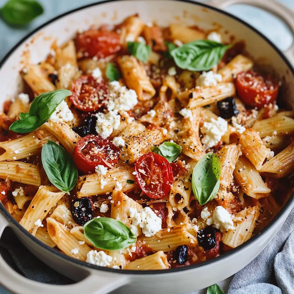 ORIGINAL BAKED FETA PASTA RECIPE centered hero view, clean and uncluttered