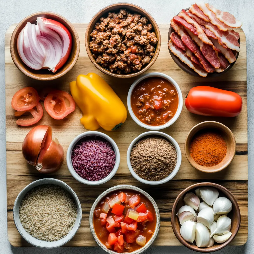 Ingredients for Paleo Chili laid out, clean and uncluttered