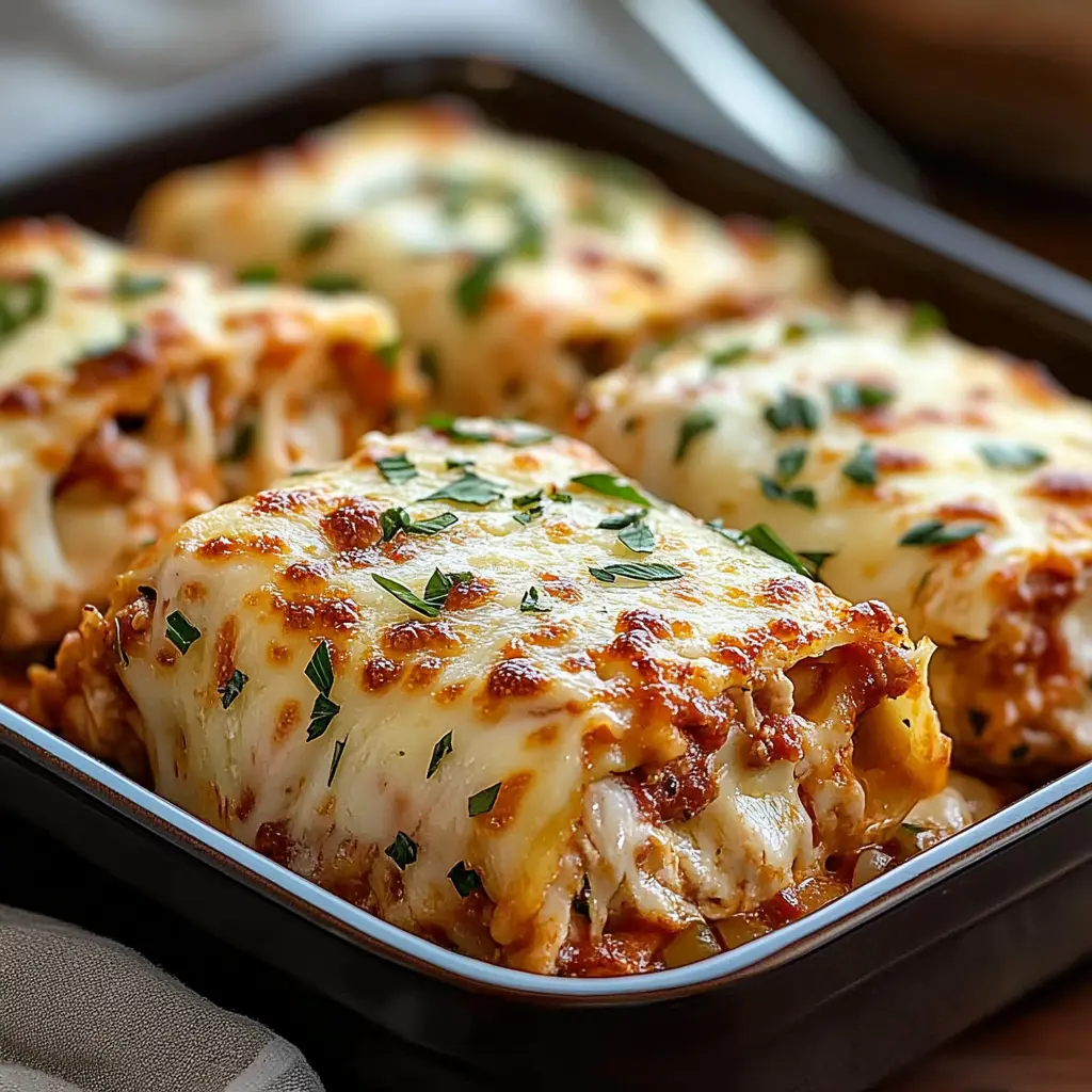 PARMESAN CHICKEN LASAGNA ROLL-UPS centered hero view, clean and uncluttered