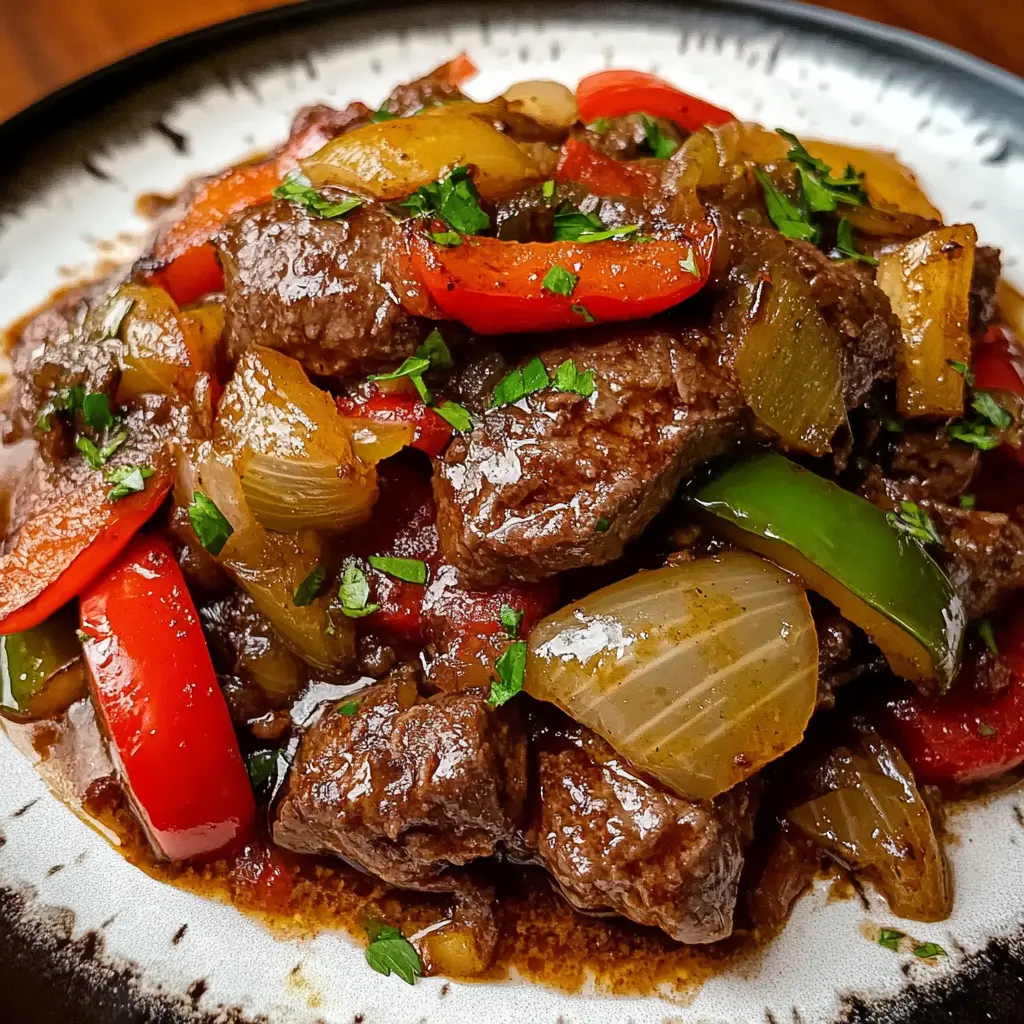 PEPPER STEAK WITH BELL PEPPERS AND ONION centered hero view, clean and uncluttered