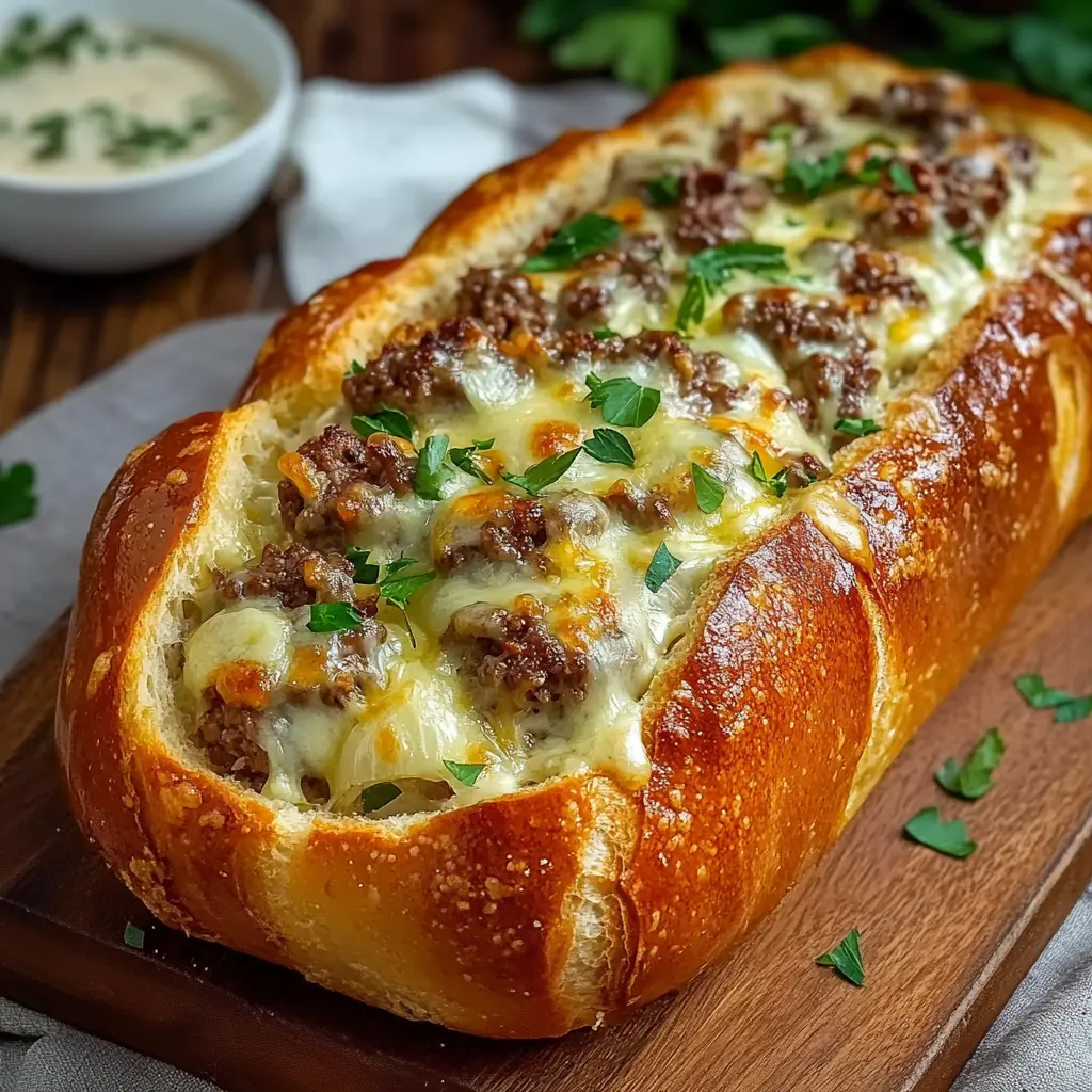 Irresistible Philly Cheesesteak-Stuffed Garlic Bread Loaf 3 PHILLY CHEESESTEAK STUFFED GARLIC BREAD LOAF centered hero view, clean and uncluttered
