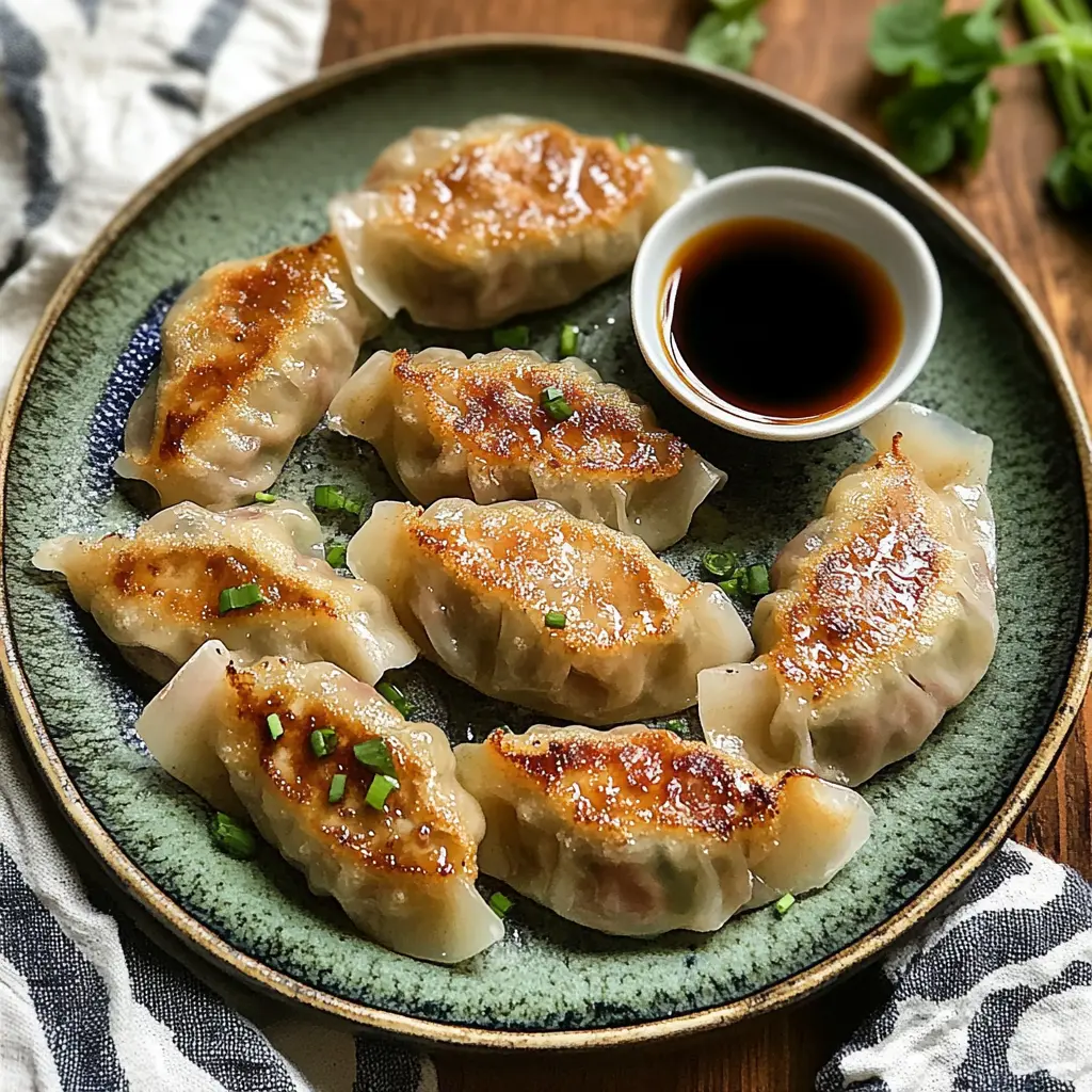 PORK AND CABBAGE POTSTICKERS centered hero view, clean and uncluttered