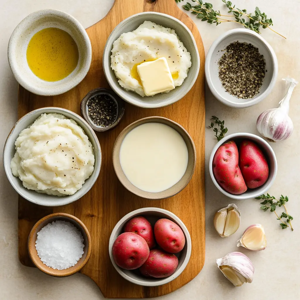 ROASTED GARLIC MASHED POTATOES centered hero view, clean and uncluttered
