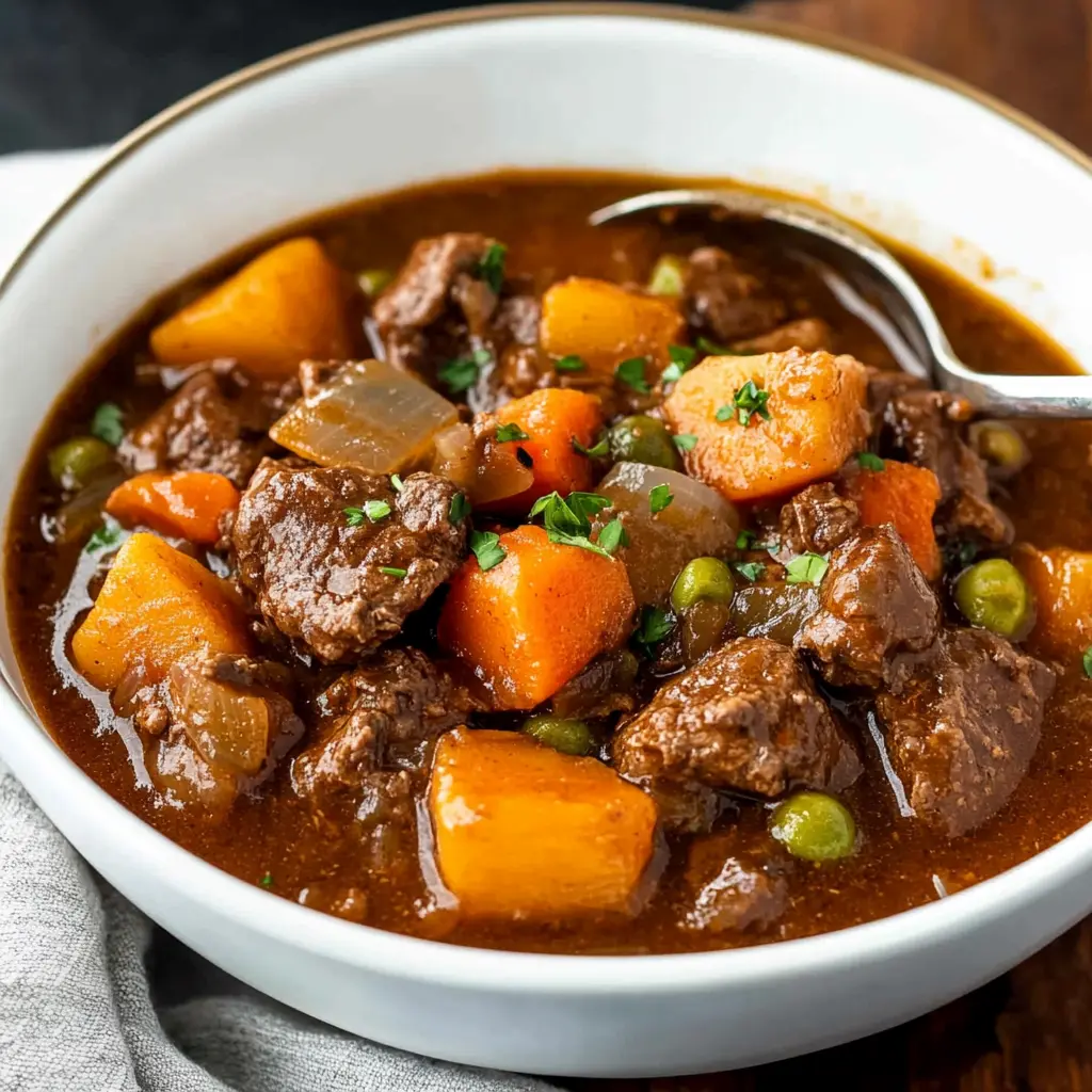 SLOW COOKER BEEF STEW centered hero view, clean and uncluttered