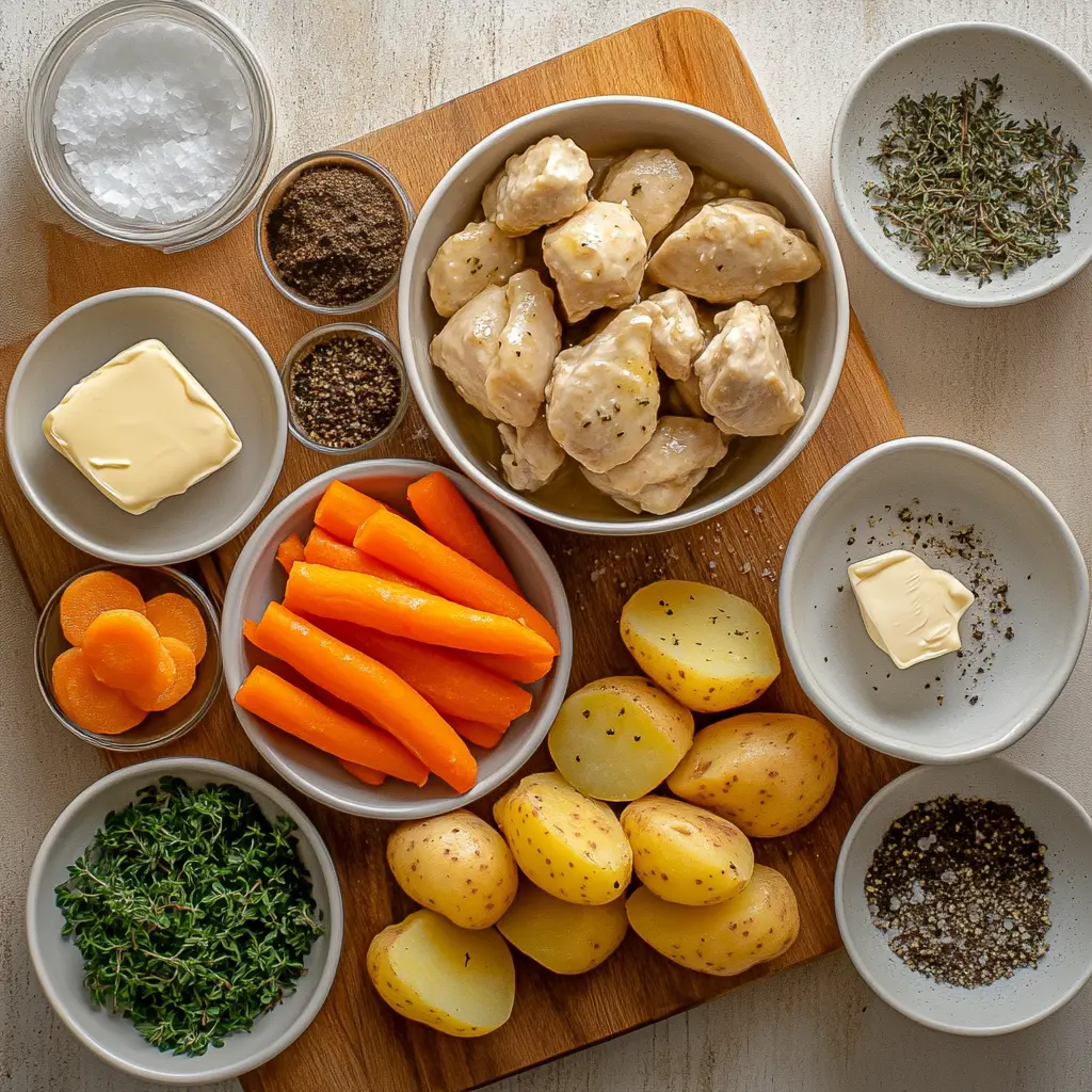 SLOW COOKER BUTTER CHICKEN AND VEGGIES centered hero view, clean and uncluttered