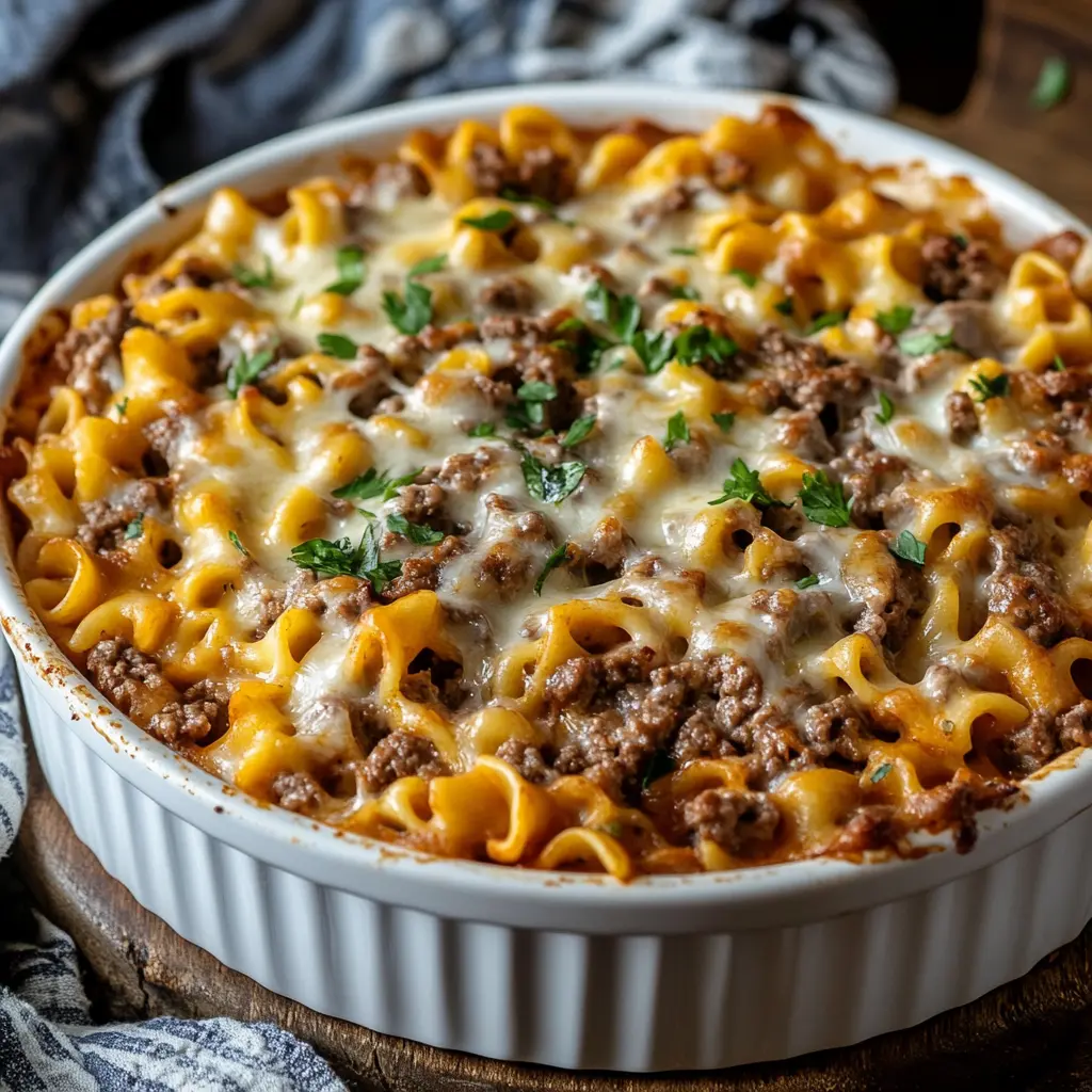 Sour Cream Beef Noodle Casserole for a Cozy Dinner 3 SOUR CREAM BEEF NOODLE CASSEROLE centered hero view, clean and uncluttered