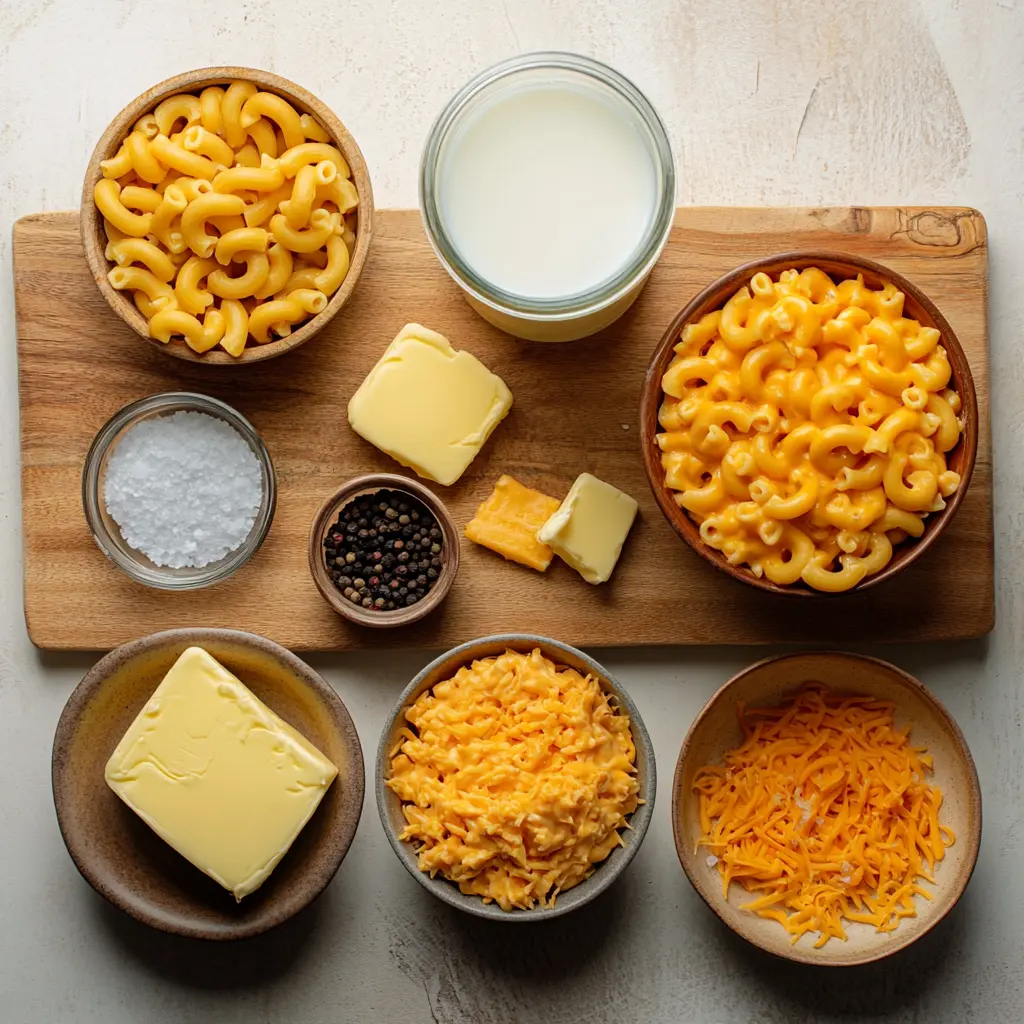 Ingredients for Southern Mac and Cheese Baked laid out cleanly and clearly
