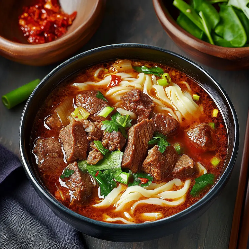 SPICY BEEF NOODLE SOUP centered hero view, clean and uncluttered