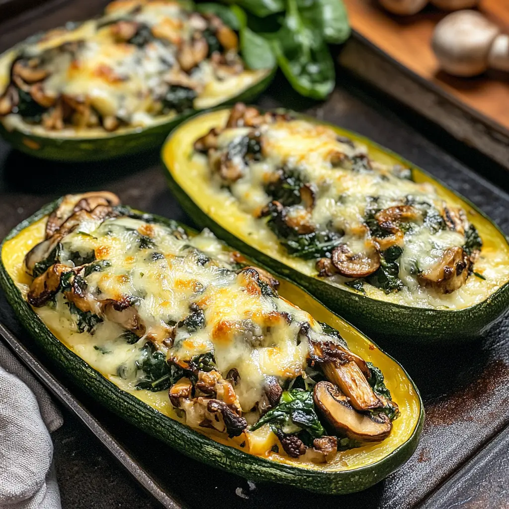 Spinach Mushroom and Ricotta Stuffed Zucchini Boats centered hero view, clean and uncluttered