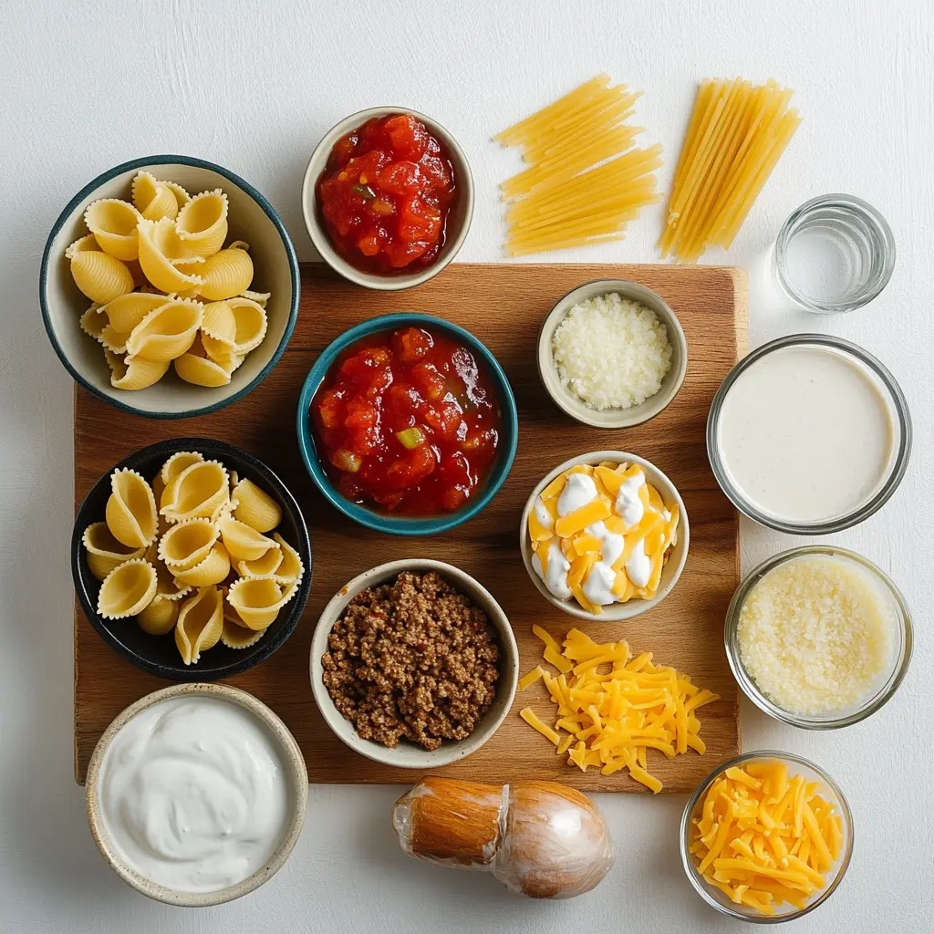 TACO PASTA CASSEROLE centered hero view, clean and uncluttered