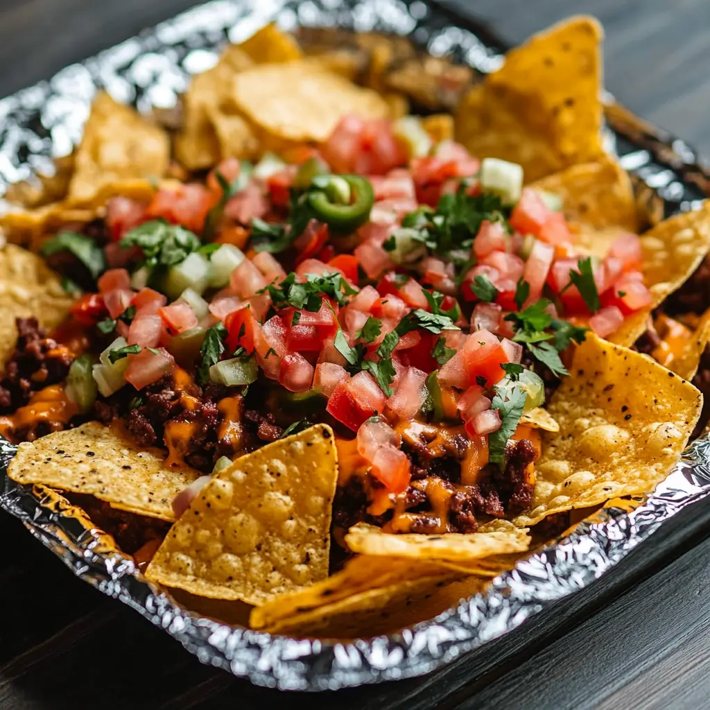 TIN FOIL PACKET NACHOS centered hero view, clean and uncluttered