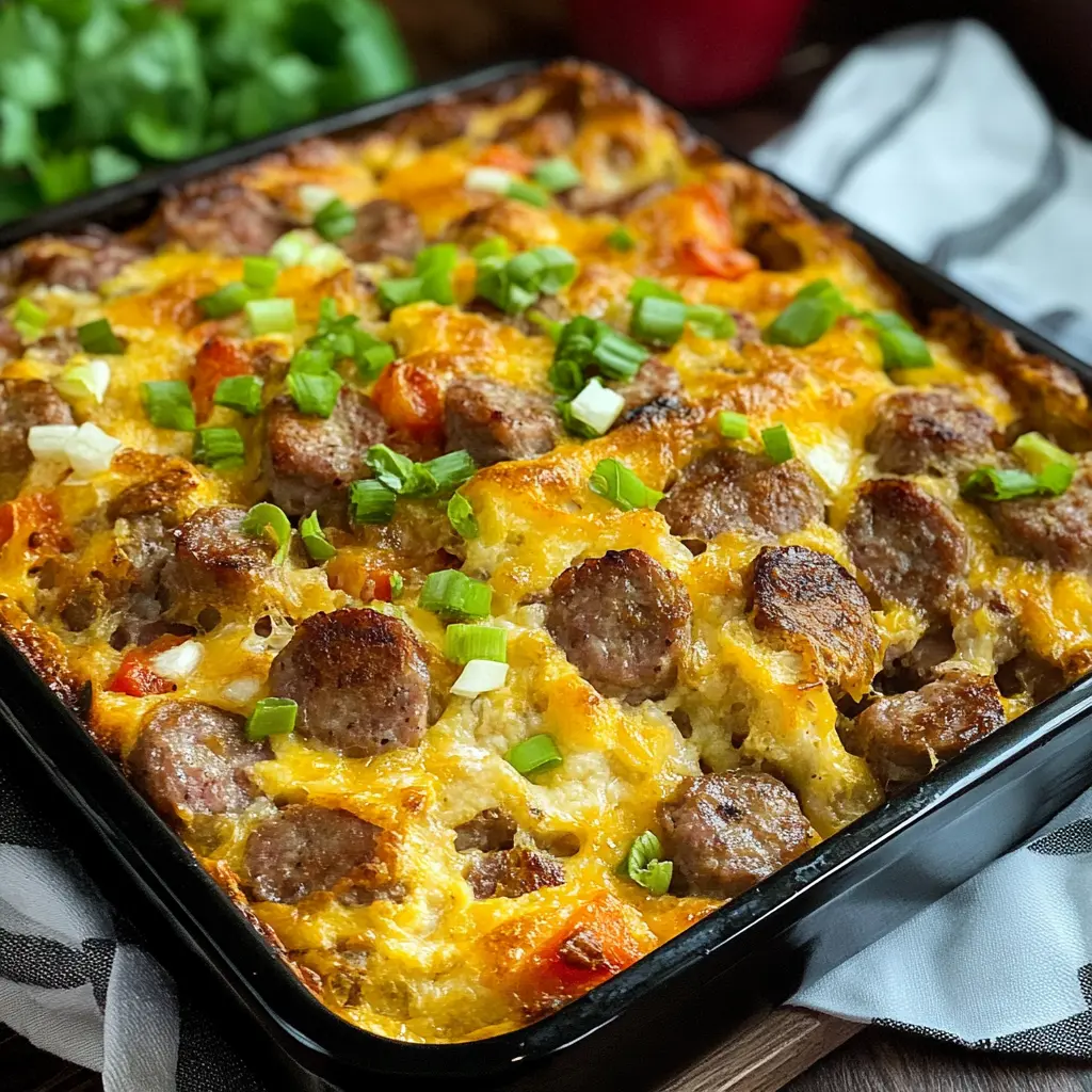 Turkey Sausage Breakfast Casserole centered hero view, clean and uncluttered
