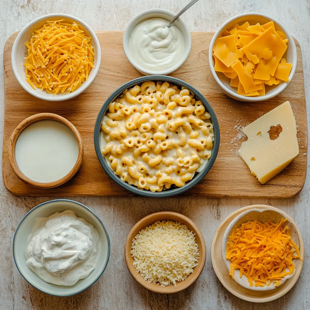 Ultra Creamy One Pot Mac and Cheese ingredients neatly arranged