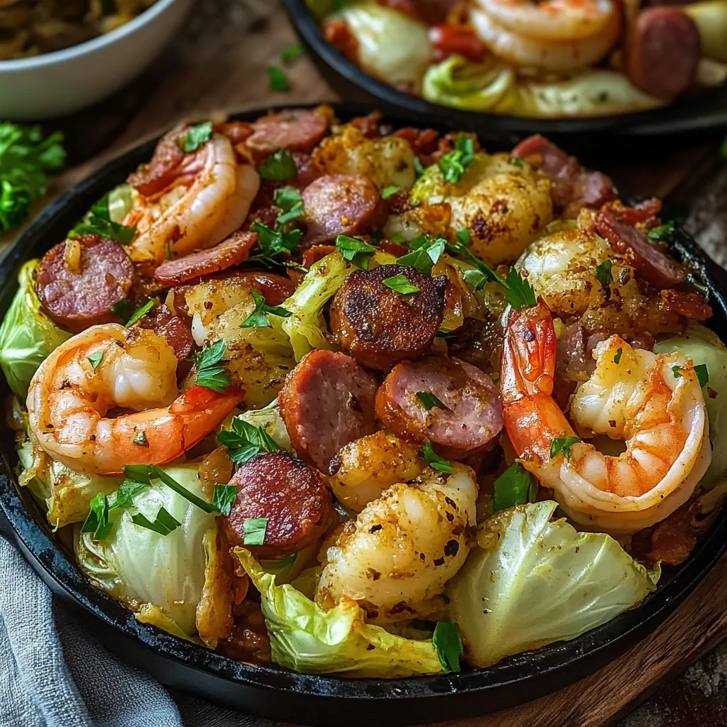 Viral Cabbage Boil Featuring Tempting Shrimp and Bacon 3 VIRAL CABBAGE BOIL WITH SAUSAGE SHRIMP AND BACON centered hero view, clean and uncluttered