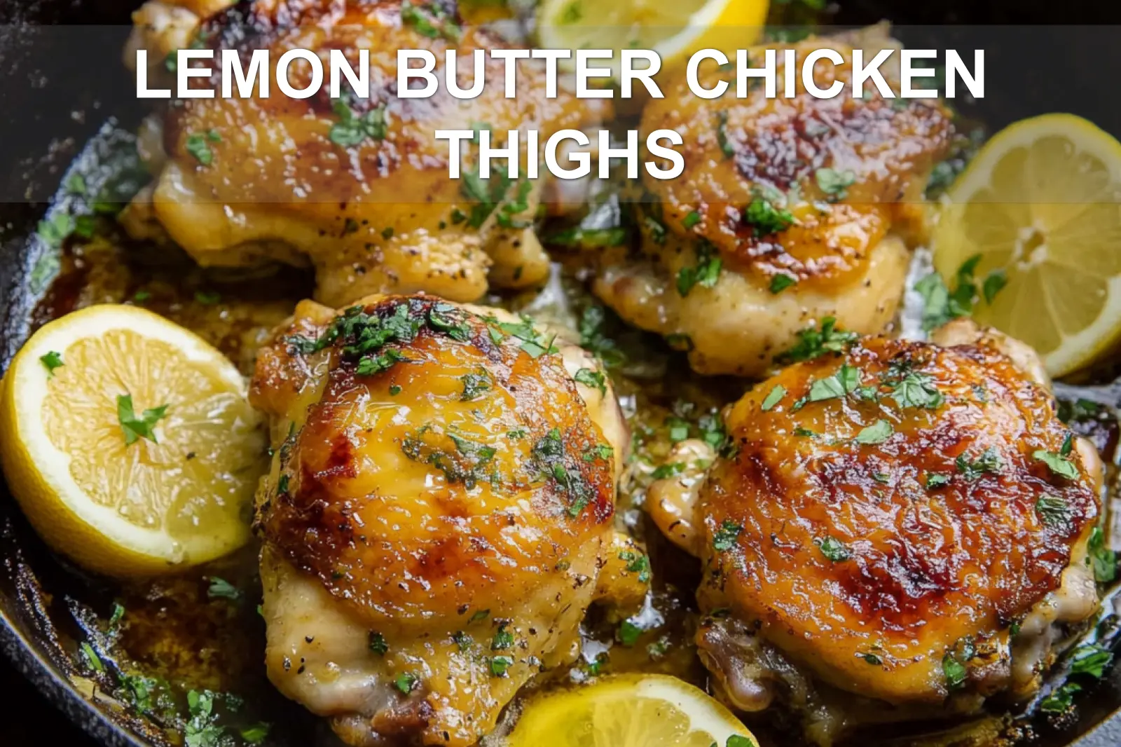 LEMON BUTTER CHICKEN THIGHS centered hero view, clean and uncluttered