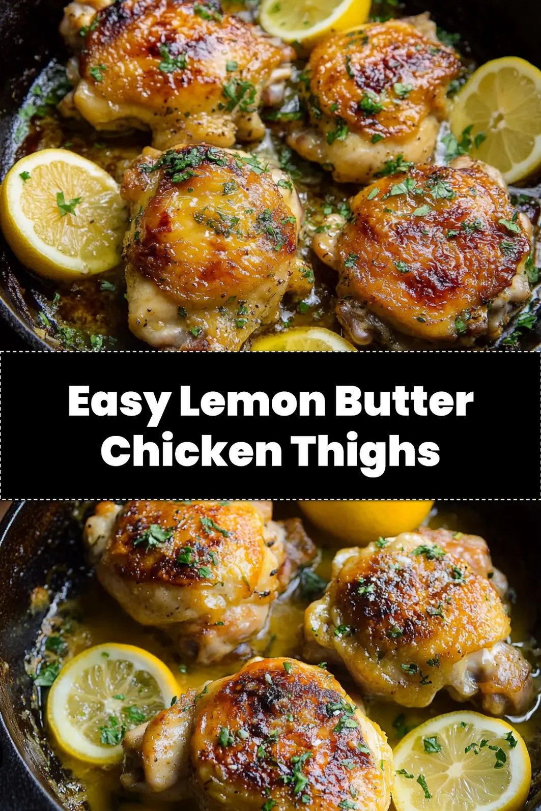 LEMON BUTTER CHICKEN THIGHS centered hero view, clean and uncluttered_pin