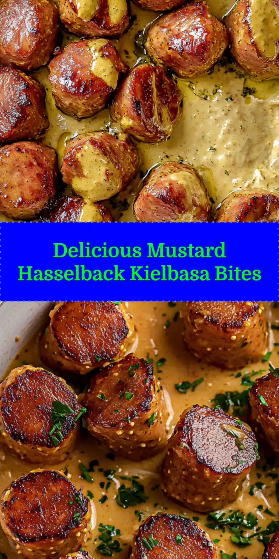 MUSTARD HASSELBACK KIELBASA BITES centered hero view, clean and uncluttered_pin
