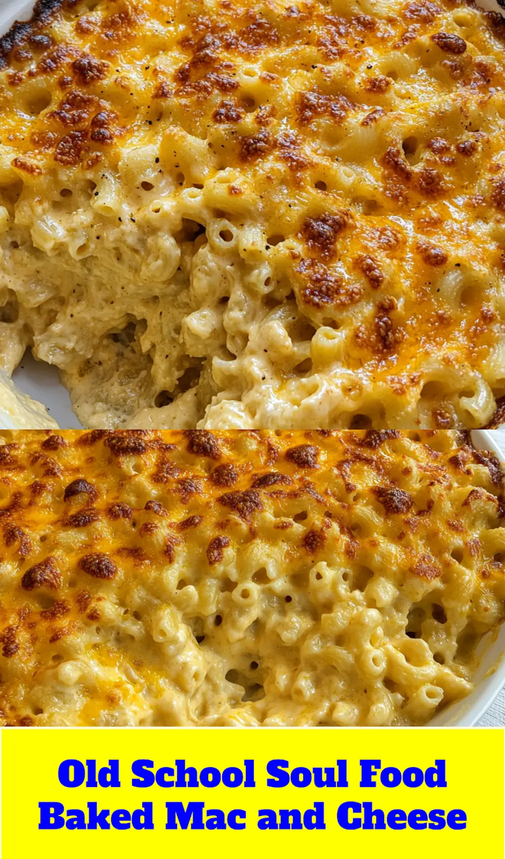 OLD FASHIONED SOUL FOOD BAKED MAC AND CHEESE centered hero view, clean and uncluttered_pin