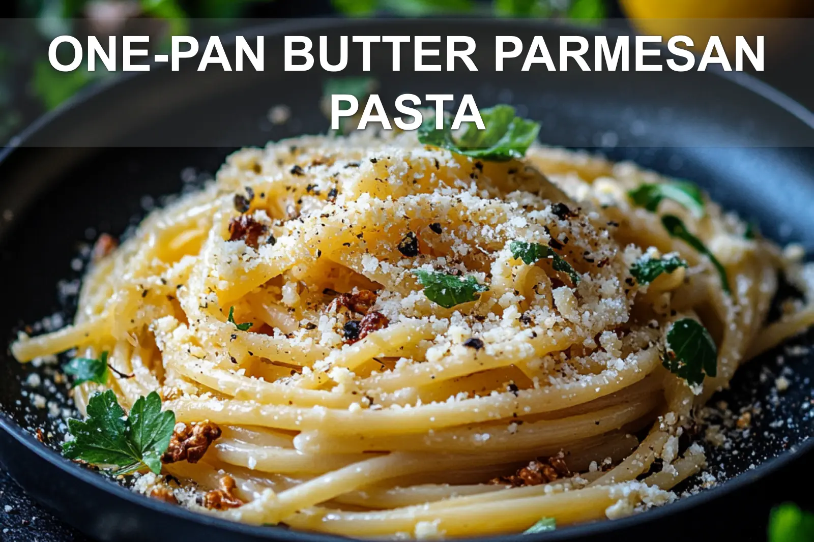 ONE-PAN BUTTER PARMESAN PASTA centered hero view, clean and uncluttered