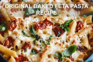 ORIGINAL BAKED FETA PASTA RECIPE centered hero view, clean and uncluttered